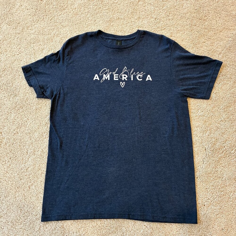 Gildan "God Bless America" Heather Blue Short-Sleeve Top T-shirt Medium
